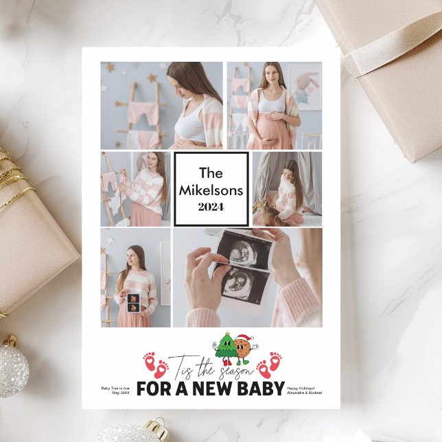 Multi Photo Retro Tis The Season Pregnancy Holiday Card (Creator Uploaded)