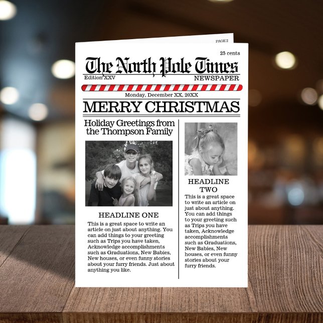 Multi Photo Santa News Christmas Cute Merry Holiday Card (Merry Christmas holiday photo folding card with a cute newspaper template. )