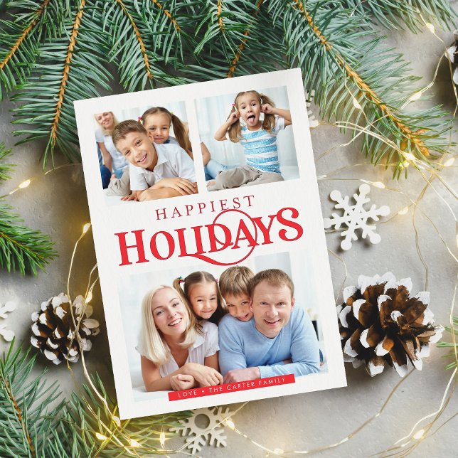 MULTI PHOTO simple modern Happiest Holidays red Holiday Card (Creator Uploaded)