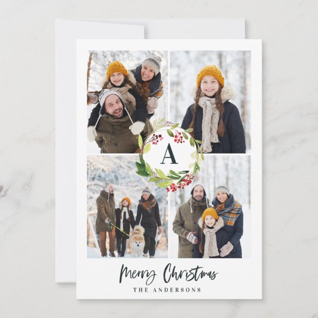 Multi photo watercolor floral + foliage christmas holiday card (Front)