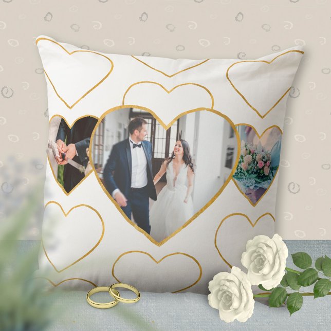Multi Photo Wedding Love Golden Hearts Gift Cushion (Multi Photo Wedding Love Golden Hearts Gift Throw Pillow ©Susanne Sachers - Sunny Mind Design)