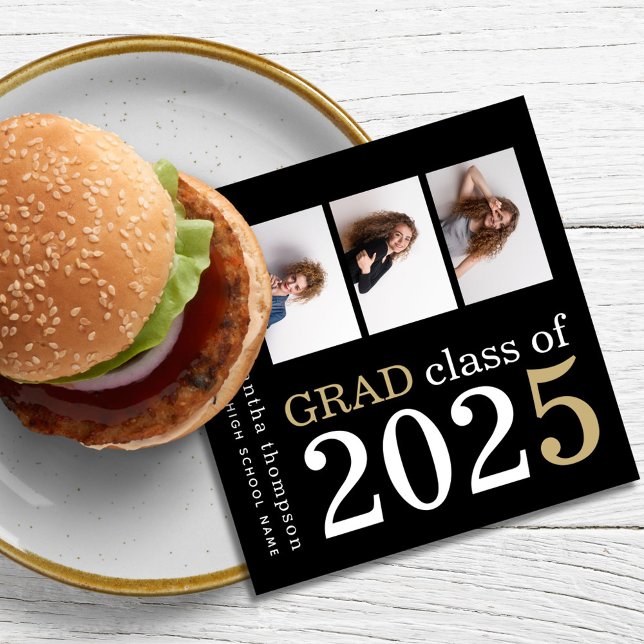 Multi photo White Gold Text Black 2025 Graduation Napkin (Creator Uploaded)