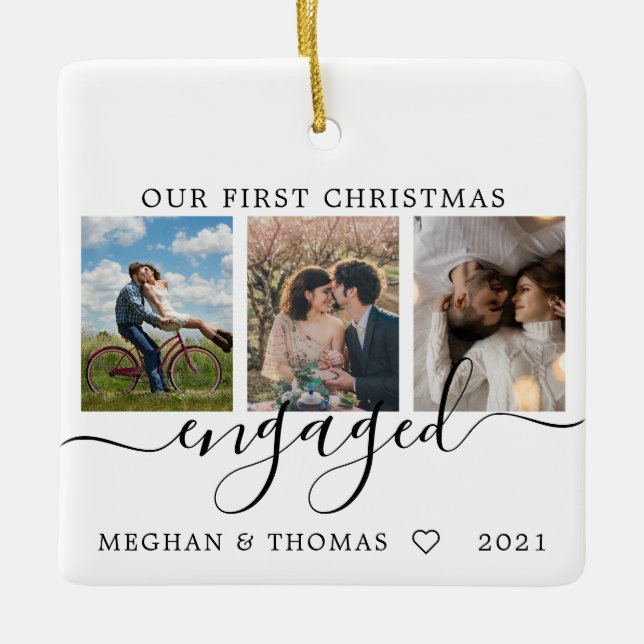 Multi photos first Christmas Engaged Ceramic Ornament (Front)