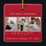 Multi photos first Christmas Married Ceramic Ornam Ceramic Ornament<br><div class="desc">Modern and minimalist ornament for newly married couples. It can be personalised with 3 of your favourite photos. Find more options in my shop.</div>