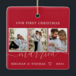 Multi photos first Christmas Married Ceramic Ornam Ceramic Ornament<br><div class="desc">Modern and minimalist ornament for newly married couples. It can be personalised with 3 of your favourite photos. Find more options in my shop.</div>