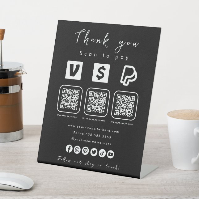 Multi QR Code Paypal Venmo Cash App Black Pedestal Sign (In SItu)