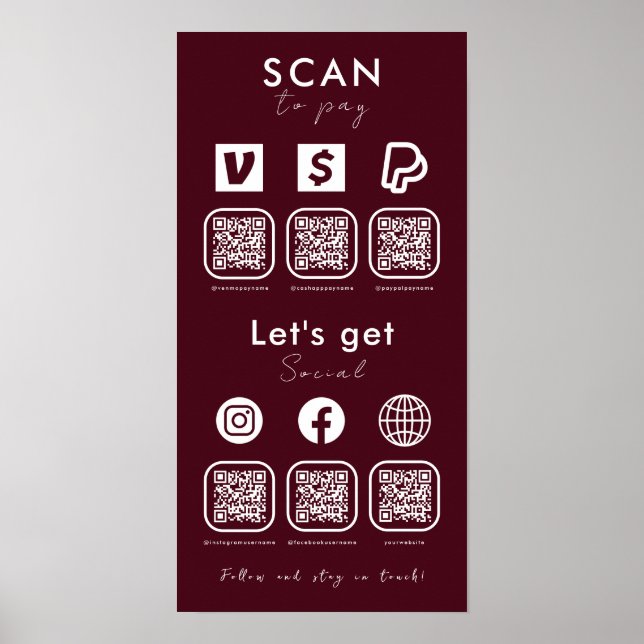 Multi QR Code Scan To Pay Social Media Burgundy Poster (Front)