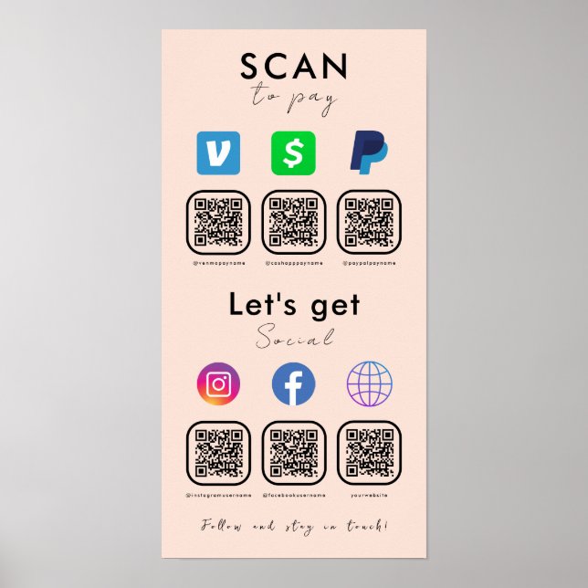 Multi QR Code Social Media Scan To Pay Soft Peach Poster (Front)
