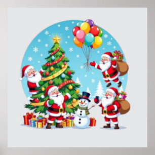 **“Multi-Santa Christmas Fun – 3D Cartoon Transpar Poster