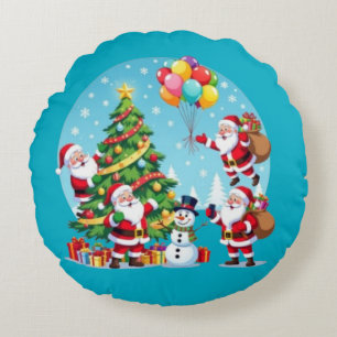 **“Multi-Santa Christmas Fun – 3D Cartoon Transpar Round Cushion