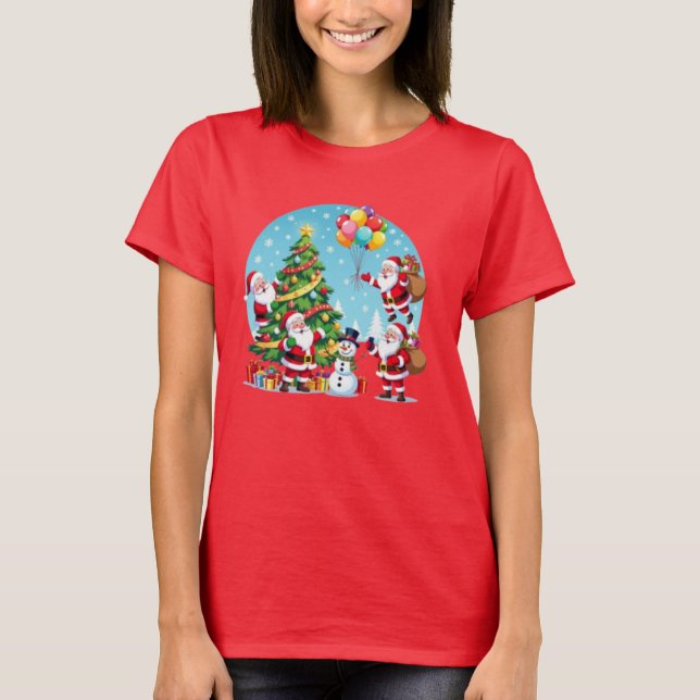 **“Multi-Santa Christmas Fun – 3D Cartoon Transpar T-Shirt (Front)