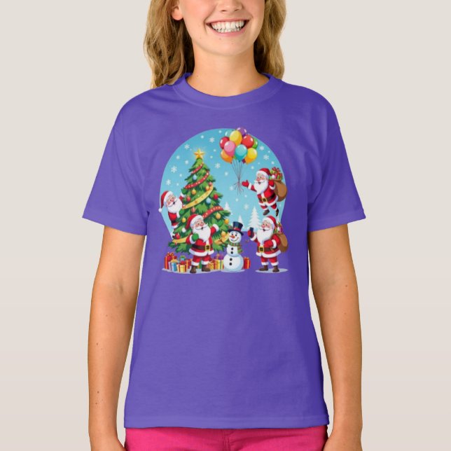 **“Multi-Santa Christmas Fun – 3D Cartoon Transpar T-Shirt (Front)