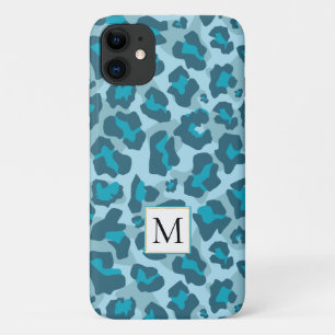 Multi tone blue leopard animal print and monogram Case-Mate iPhone case