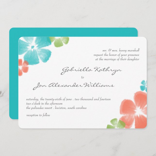 Multi Tropical Watercolor Wedding Invite / Aqua (Front/Back)