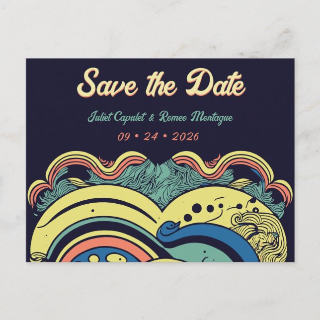 Multicolor 70's groovy psychedelic save the date postcard (Front)