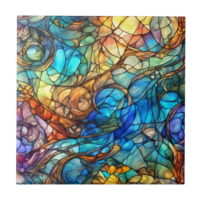 Multicolor Abstract 77 Stained Glass style Tile (Front)