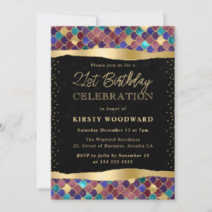 Multicolor and Gold Mermaid Scales 21st Birthday Invitation