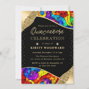 Multicolor and Gold Stained Glass Quinceanera Invitation