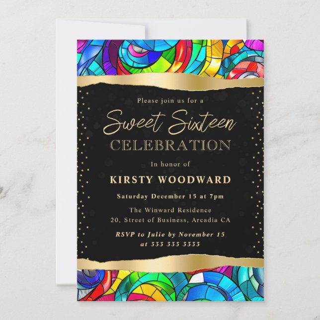 Multicolor and Gold Stained Glass Sweet 16 Invitation (Front)