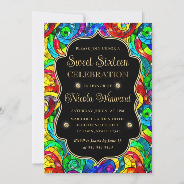 Multicolor and Gold Stained Glass Sweet 16 Invitation (Front)
