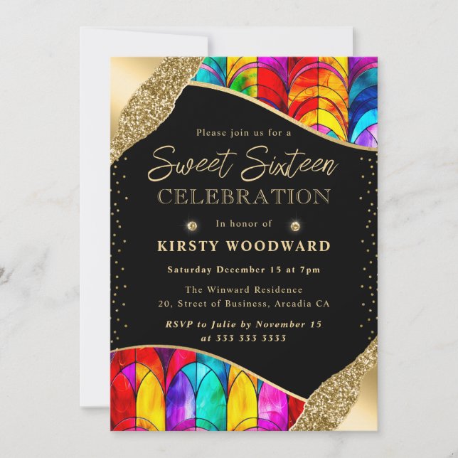 Multicolor and Gold Stained Glass Sweet Sixteen Invitation (Front)