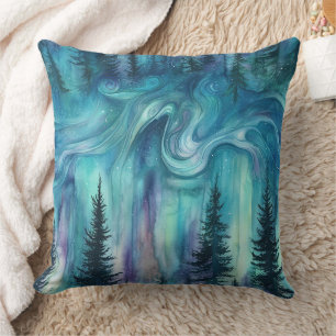 Multicolor Aurora Lights Over Dark Pine Trees Cushion