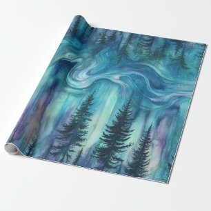Multicolor Aurora Lights Over Dark Pine Trees Wrapping Paper