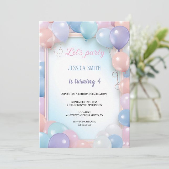 multicolor birthday balloons invitation (Standing Front)