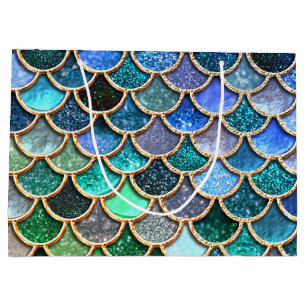 Multicolor Blue Sparkle Glitter Mermaid Scales Large Gift Bag