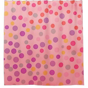 Multicolor confetti dots on pink shower curtain