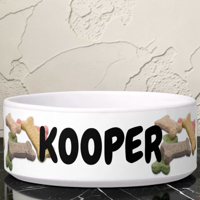 Multicolor Dog Treat Photograph Bowl (Custom dog bone pattern ceramic pet bowl.)