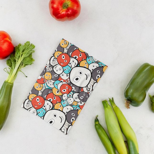 Multicolor Doodle Monster Faces Tea Towel (Kitchen Towel)