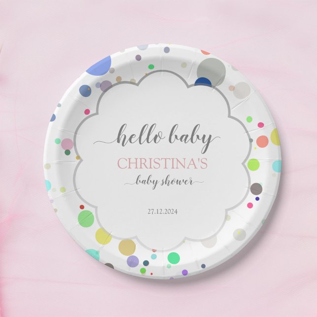 Multicolor Dots "Hello Baby" Baby Shower Paper Plate (Creator Uploaded)