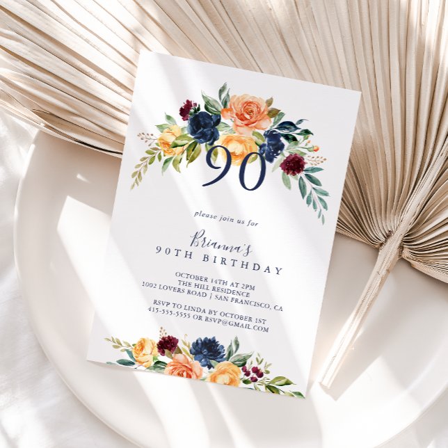 Multicolor Elegant Floral 90th Birthday Party  Invitation (Creator Uploaded)