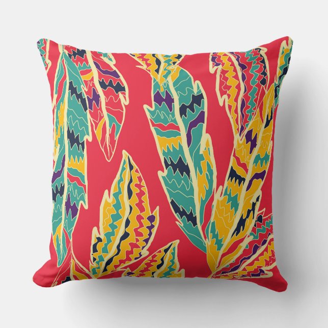 Multicolor Feathers Leaves Tropical Cushion (Front)