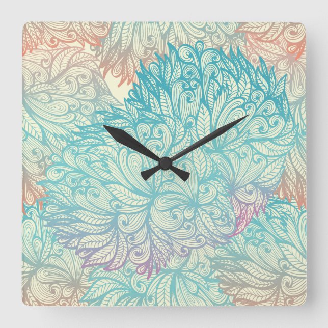 Multicolor Floral Doodle Pattern Square Wall Clock (Front)