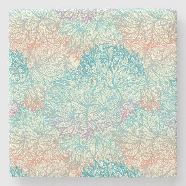 Multicolor Floral Doodle Pattern Stone Coaster (Front)