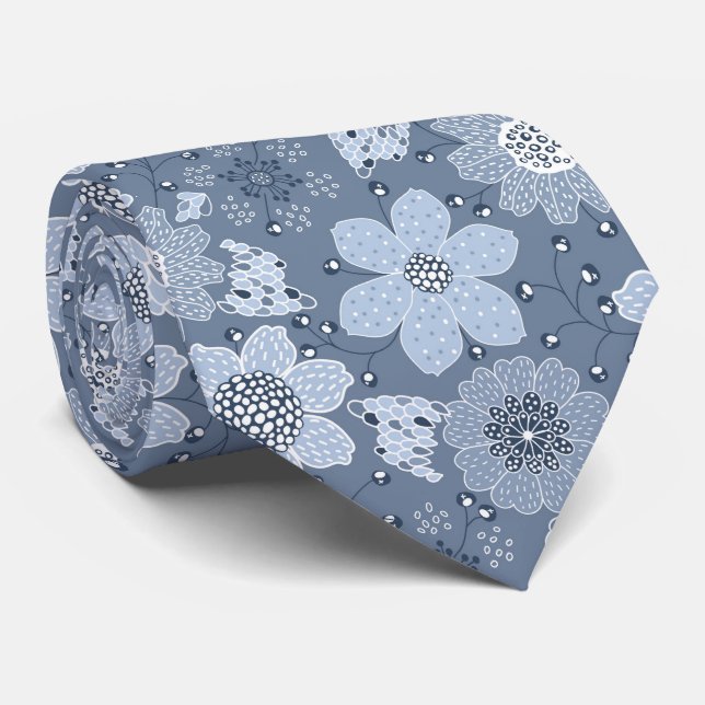 Multicolor flower pattern blue background tie (Rolled)