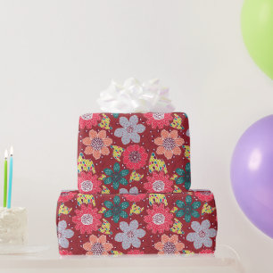 Multicolor flower pattern red backdrop wrapping paper