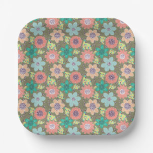 Multicolor flower pattern soft green backdrop paper plate