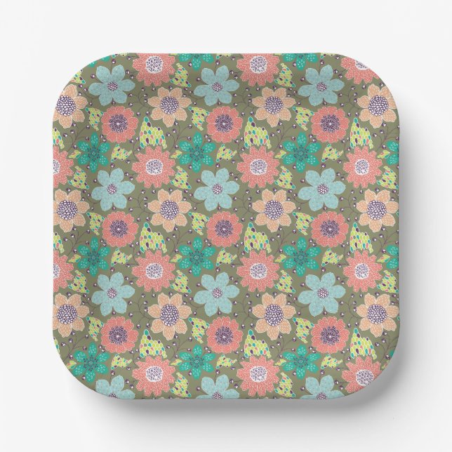 Multicolor flower pattern soft green backdrop paper plate (Front)