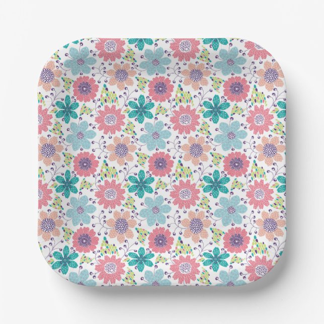 Multicolor flower pattern white background paper plate (Front)