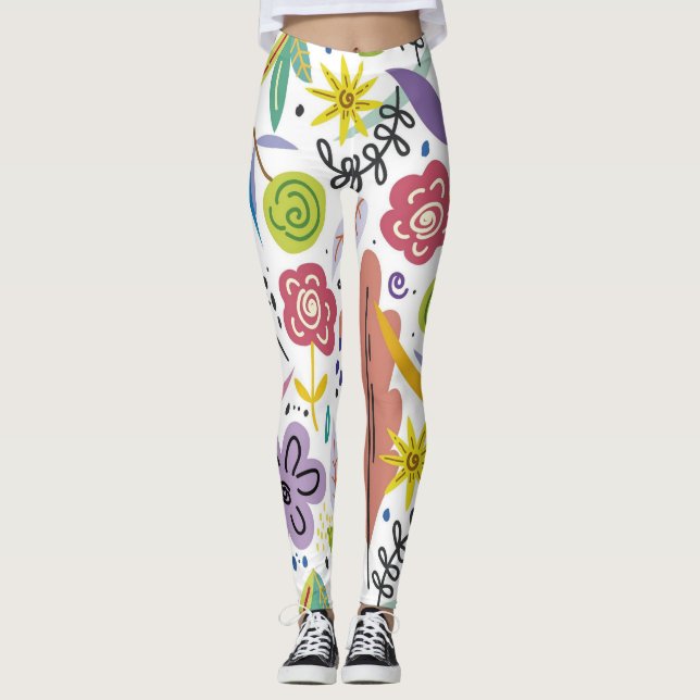 Multicolor Flowers Spring Background Leggings (Front)