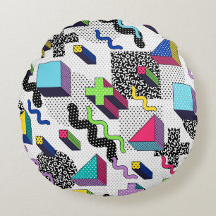 Multicolor geometric shapes, retro pattern. round cushion