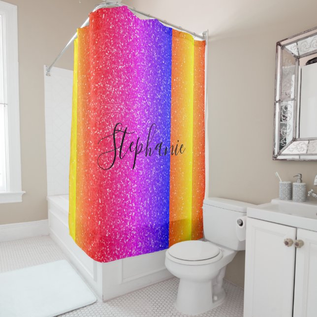 Multicolor Golden Yellow Pink Glitter Monograms Shower Curtain (In Situ)
