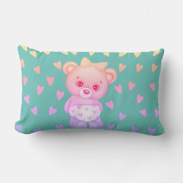 Multicolor Heart Print Teddy Bear Lumbar Pillow (Front)