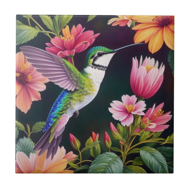 Multicolor Hummingbird Floral Art Tile (Front)