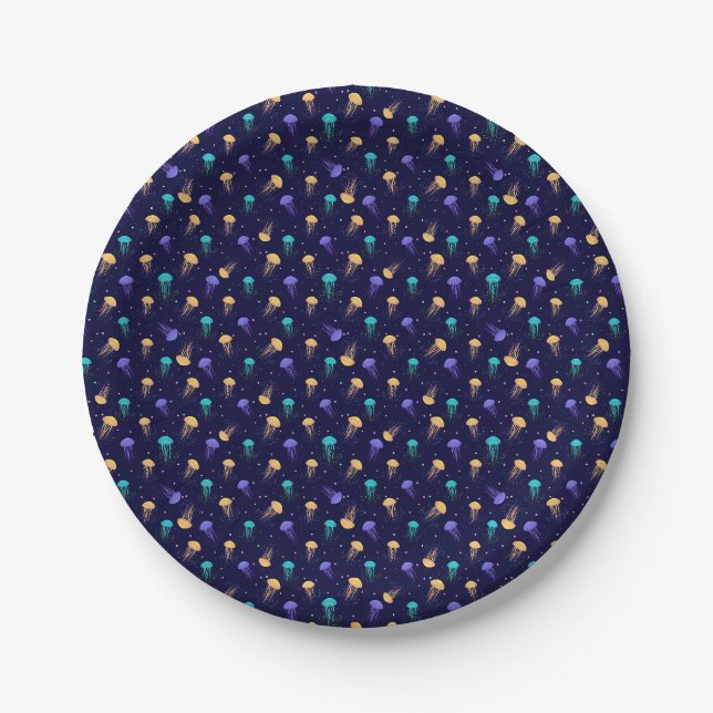 Multicolor jelly fish pattern on blue background paper plate (Front)