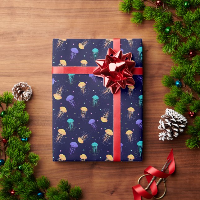 Multicolor jelly fish pattern on blue background wrapping paper (Holiday Gift)