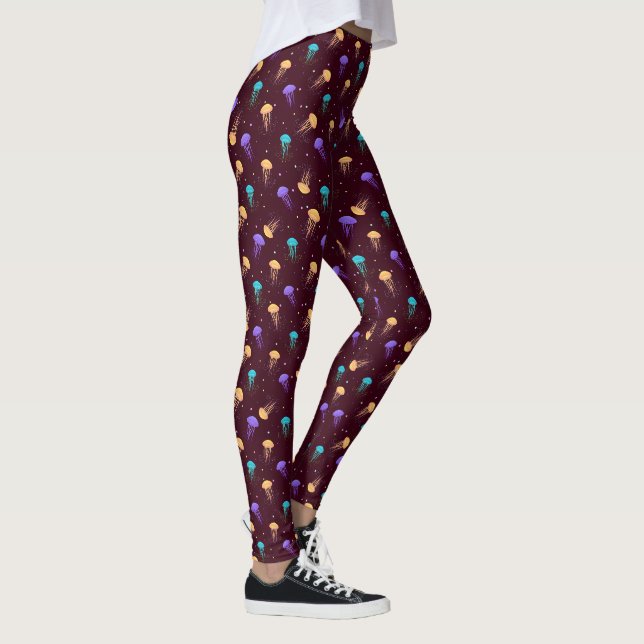 Multicolor jelly fish pattern on maroon background leggings (Right)
